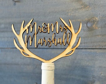 Rustic Wedding Cake Topper, Antler Cake Topper, Wooden Cake Topper