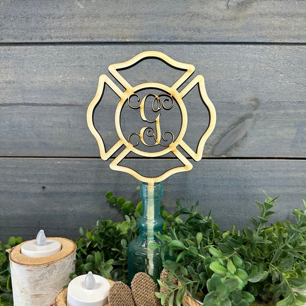 Wedding Cake Topper, Wooden Grooms Cake Topper, Firefighter Wedding, Monogram Wooden Cake Topper, Firefighter Grooms Cake, Firefighter Decor