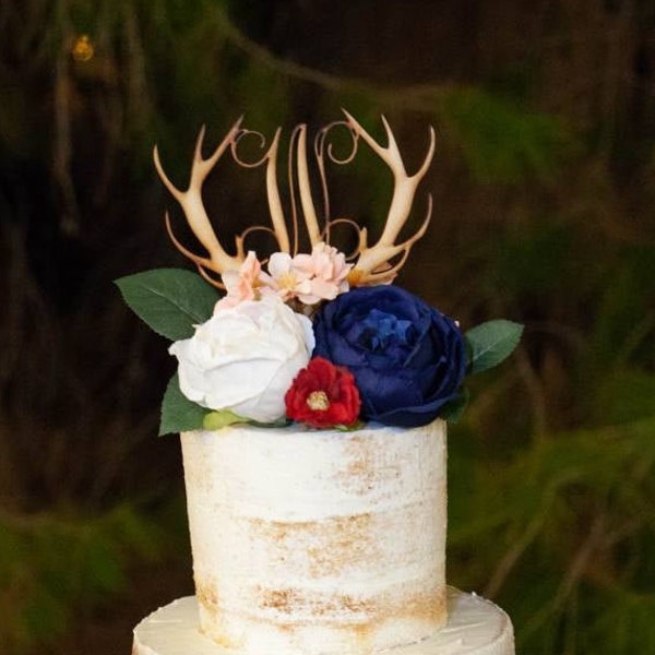 Rustic Wedding Cake Topper, Antlers, Monogram Cake Topper, Bridal Shower, Reception, Wedding, Bachelorette, Country Barn Theme Wedding