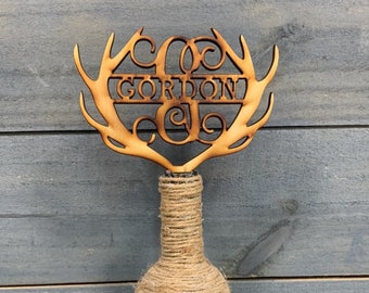 Rustic Wedding Cake Topper, Antlers, Monogram Cake Topper, Bridal Shower, Reception, Wedding, Bachelorette, Country Barn Theme Wedding