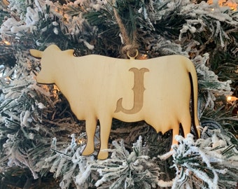 Rustic Christmas Tree Ornament, Wooden Cow Decor, Stocking Tag
