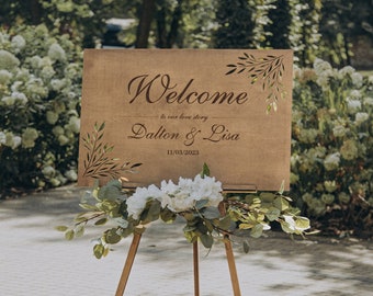 Signo de bienvenida de boda personalizado con soporte de caballete, signo de bienvenida de madera para boda, signo de fiesta de compromiso de bienvenida, ceremonia de boda rústica