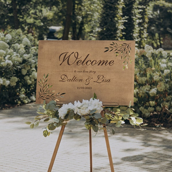Aangepaste bruiloft welkomstbord met ezelstandaard, houten welkomstbord voor bruiloft, welkom verlovingsfeestbord, rustieke huwelijksceremonie