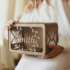 Scatola per biglietti di rivelazione del sesso in legno e acrilico con fessura, scatola per buste personalizzata per baby shower, regalo per la gravidanza, centrotavola per decorazioni da tavolo