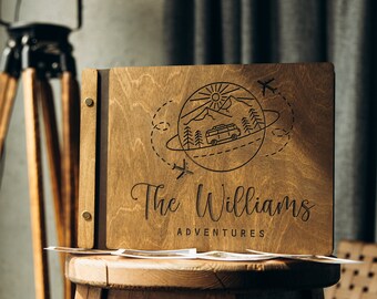 Boho Holz Abenteuerbuch zum Speichern von Familienreisen, Fotoalbum mit Ledereinband, Hochzeitsjubiläum Journal, Polaroid Instax