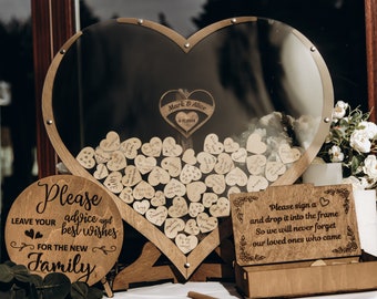 Alternative personnalisée au livre d'or en acrylique, boîte de rangement pour mariage avec coeurs, panneau en bois « Save the Dates », décoration de douche nuptiale bohème unique