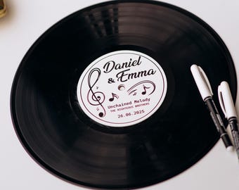 パーソナライズされたレコード型ウェディングゲストブックの代替品、音楽テーマの装飾、レトロな木製サインボード、カスタム結婚記念日ギフト
