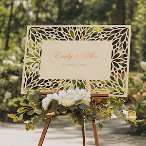 Golden and Beige Custom Wedding Welcome Sign with Easel Stand, Wooden Welcome Sign for Wedding, Welcome Engagement Party Sign, Rustic Wedding Ceremony