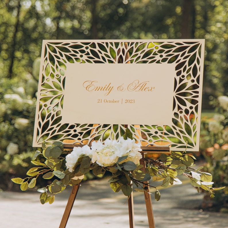 Golden and Beige Custom Wedding Welcome Sign with Easel Stand, Wooden Welcome Sign for Wedding, Welcome Engagement Party Sign, Rustic Wedding Ceremony