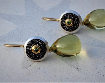 beautiful silver/gold earrings with green diamonds and lemonquartz