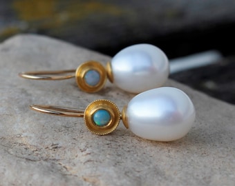 beautiful opal exchangebal earhooks with white sweetwater pearl drops