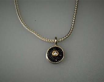 elegant granulated round pendant with diamond, silver chain