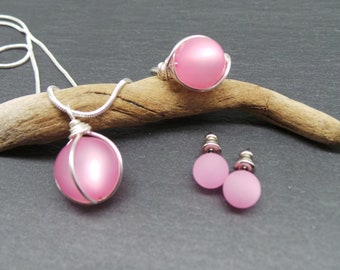Schmuckset ~ Polarisperlen rosa ~ Schmuckset rosa, Perlen Halskette, Perlen Ring, Perlen Ohrring, handgemachter Schmuck, Geschenk für Frauen
