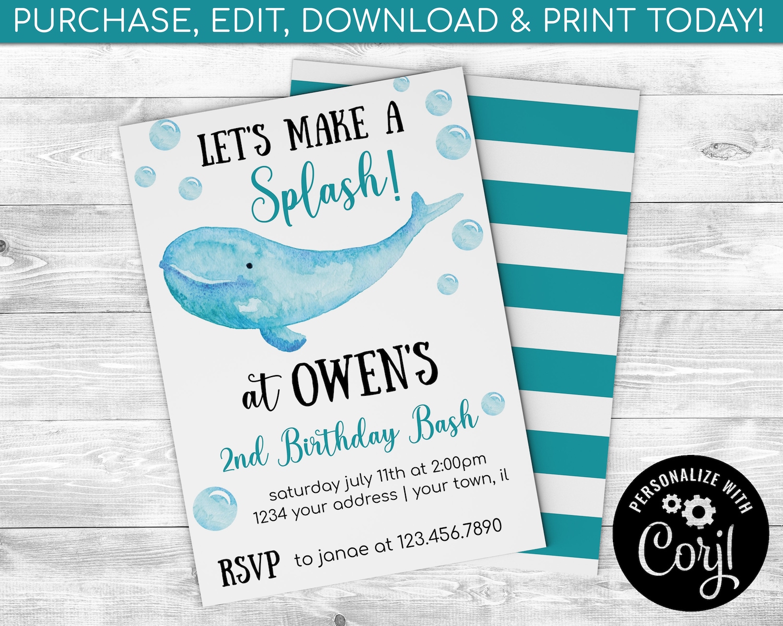 Whale Invitation EDITABLE Whale Birthday Invitation Splash Etsy