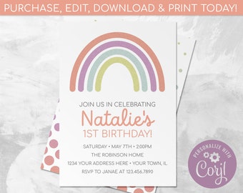 May include: A birthday invitation card featuring a pastel rainbow graphic at the top. The text reads: JOIN US IN CELEBRATING Natalie's 1ST BIRTHDAY! SATURDAY • MAY 7TH • 2:00PM THE ROBINSON HOME 1234 YOUR ADDRESS HERE • YOUR TOWN, IL RSVP TO JANAE AT 123.456.7890.