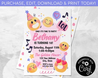 Emoji Party Invitation EDITABLE, Emoji Invitation, Tween Birthday Party, EDIT YOURSELF Digital Invite, Instant Download