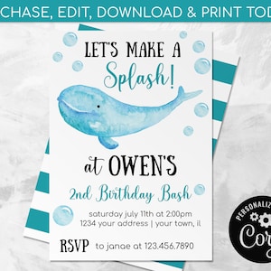 Whale Invitation EDITABLE, Whale Birthday Invitation, Splash Birthday Party, EDIT YOURSELF Digital Invite, Instant Download