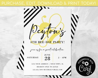 Bee Invitation EDITABLE, Bumble Bee Birthday Invitation, Bee Birthday Party, EDIT YOURSELF Digital Invite, Instant Download