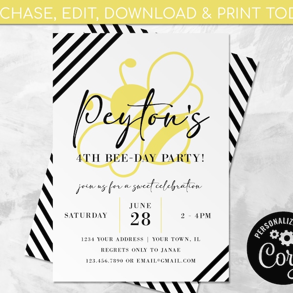 Bee Invitation EDITABLE, Bumble Bee Birthday Invitation, Bee Birthday Party, EDIT YOURSELF Digital Invite, Instant Download