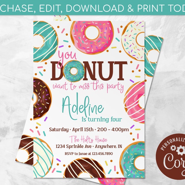 Donut Party Invitation EDITABLE, Any Age Birthday, Donut Miss This Birthday Party, EDIT YOURSELF Digital Invite, Instant Download