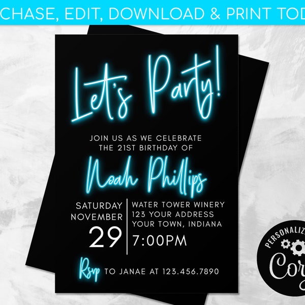 Neon Light Invitation EDITABLE, Any Age Birthday, Let's Party, Neon Blue Birthday Party, EDIT YOURSELF Digital Invite, Instant Download