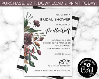 Watercolor Floral Bridal Shower Invitation EDITABLE, Bridal Shower Invitation, Modern Bride, EDIT YOURSELF Digital Invite, Instant Download