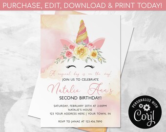 May include: A birthday invitation card featuring a watercolor unicorn with a pink and gold horn, floral crown, and closed eyes. Text reads: A magical day is on the way! JOIN US TO CELEBRATE Natalie Ann's SECOND BIRTHDAY! SATURDAY, FEBRUARY 20TH AT 2:00PM.