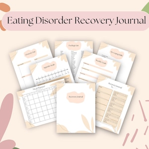 May include: A set of printable worksheets for an eating disorder recovery journal. The worksheets include a grocery list, meal planner, appetite scale, feelings list, weekly goals, and coping skills. The worksheets are designed with a minimalist aesthetic and feature a light beige background with brown and pink abstract shapes.