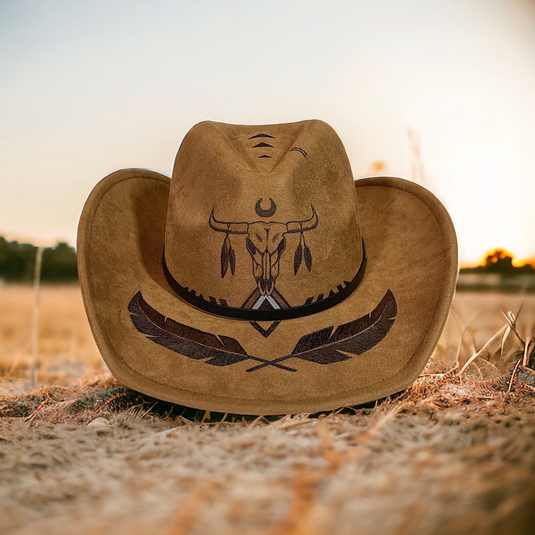Made to Order Hand Burned Cattle Skull and Feather Cowboy Hat
