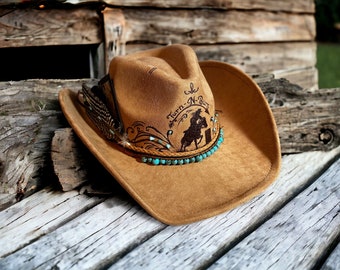 Hecho a pedido - Personalizable - Sombrero de vaquera Burned Barrel Racer - Sombrero occidental - Sombrero de carreras de barriles - Regalo para amantes de los caballos