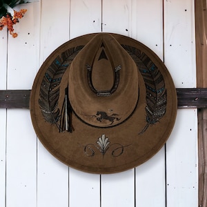 Made to Order Hand Burned and Painted Western Horse and Feathers Hat in Brown & black, w/ Turquoise and Silver paint, Wide Brim Cowboy Hat