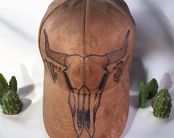 Hecho a pedido: sombrero de calavera de vaca quemada a mano con cactus, gorra de vaquera occidental, tocado boho chic, regalo único
