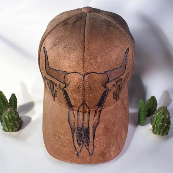 New Hand Burned Skull Western Boho Hat Custom Burned Skull Western Hat | Hand-styled Statement Brim  main image 3