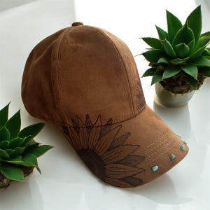 Made to Order - Hand Burned Sunflower Ball Cap, Cute Hat, Sunflower Design, Fashionable Baseball Cap, Unique Gift, turquoise