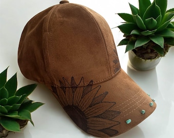 Hecho a pedido: gorra de béisbol con girasol quemado a mano, linda gorra, diseño de girasol, gorra de béisbol de moda, regalo único, turquesa