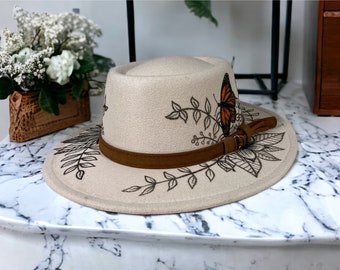 Hecho a pedido: sombrero fedora de mariposa monarca pintado a mano, diseño floral de girasol, sombrero Panamá pintado