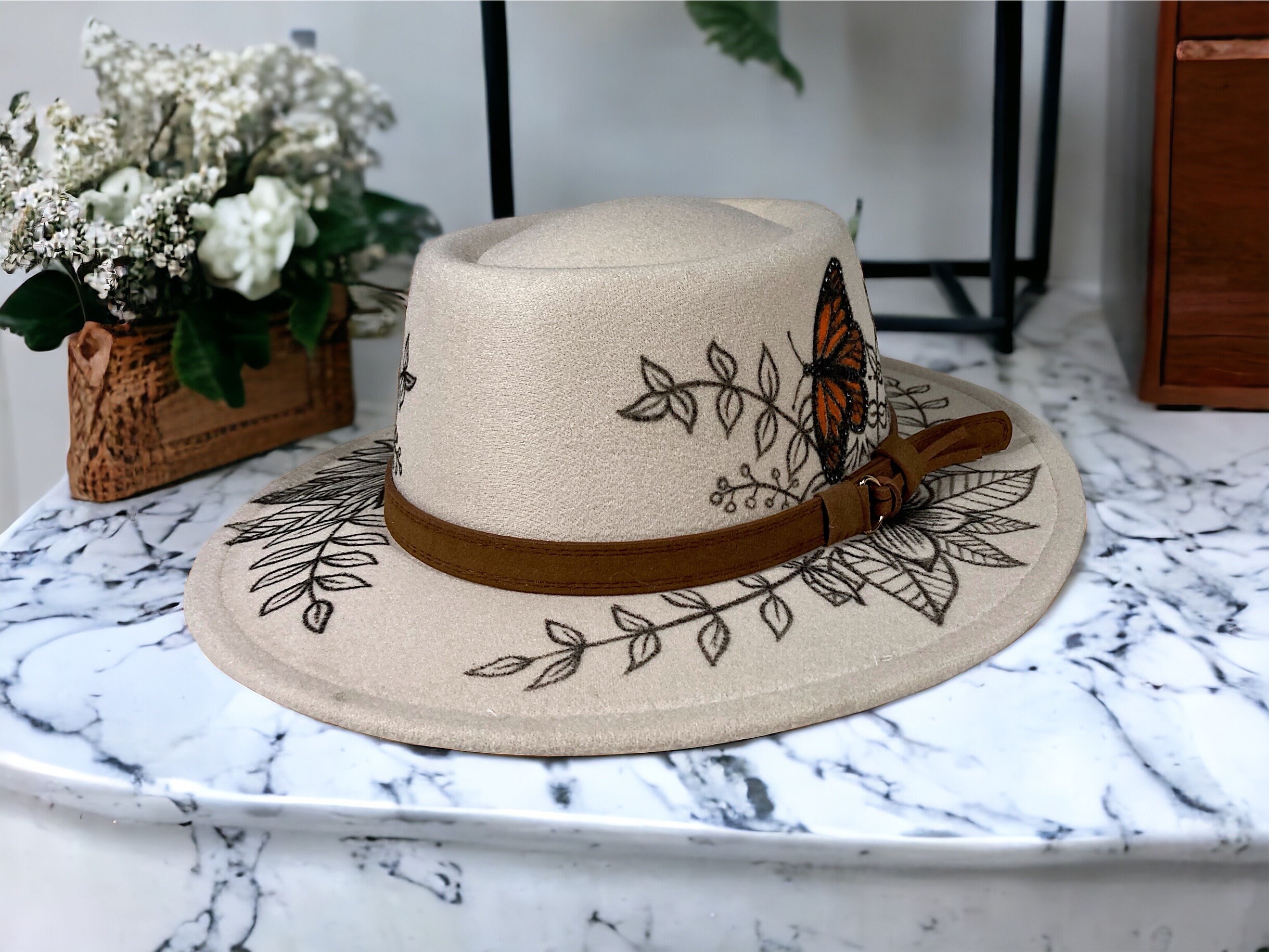 Hand Painted Floral and Butterfly Genuine Panama Straw Hat Size 57 Made to Order - Hand Painted Monarch Butterfly Fedora Hat  main image 3