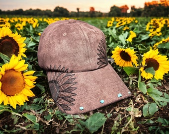 Hand Burned Sunflower Ball Cap, Cute Hat, Sunflower Design, Fashionable Baseball Cap, Unique Gift, turquoise