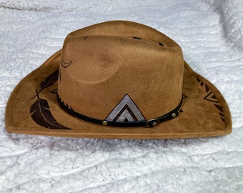 Made to Order Hand Burned Cattle Skull and Feather Cowboy Hat