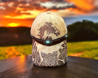 Gorra de béisbol Run for the Roses, hecha a mano, con banda, diseño floral, turquesa, estilo Kentucky.