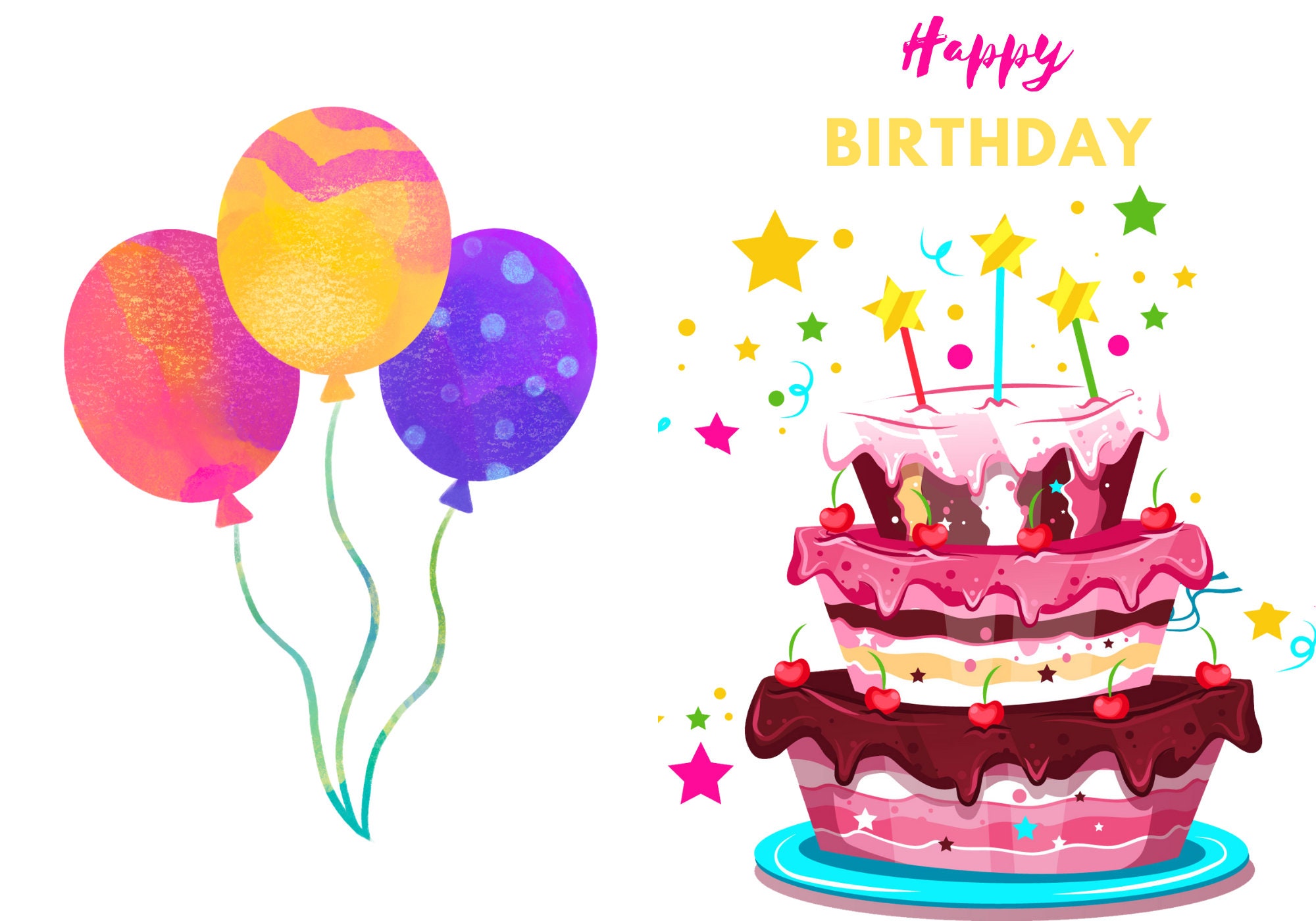 Printable Happy Birthday Cards Instant Ready To Download 11x7 Inch