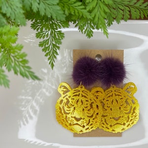 Louisiana Geaux Tigers Game Day Purple Gold Glitter Dangle Statement Earrings