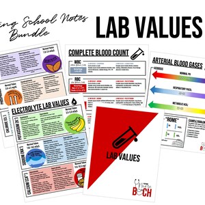 May include: A printable set of nursing school notes on lab values. The notes include information on complete blood count, electrolytes, arterial blood gases, and more. The notes are organised in a colourful and easy-to-read format.