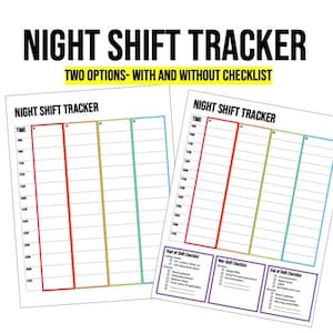 May include: Two printable night shift tracker templates. One template includes a checklist for the start, mid, and end of the shift. The other template is a blank tracker.