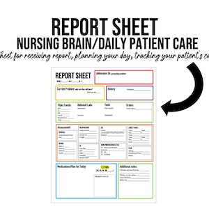 May include: A printable nursing report sheet with sections for admission diagnosis, current problem, history, vitals trends, relevant labs, tests, orders, assessment, medications, and additional notes. The sheet is designed to help nurses organize and track patient care.