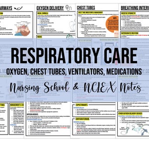 Puede incluir: Una guía ilustrada azul y blanca para estudiantes de enfermería y preparación para el examen NCLEX. La guía cubre temas de atención respiratoria como vías respiratorias artificiales, suministro de oxígeno, tubos de tórax, ventiladores y medicamentos.
