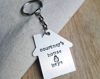 Personalised Metal Keyring Name House Keys, New Home Stamped Housewarming Gift