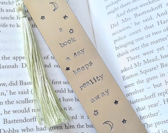 A Book A Day Metal Hand Stamped Bookmark, Reader Gift, Silver Aluminium Book Lover Gift