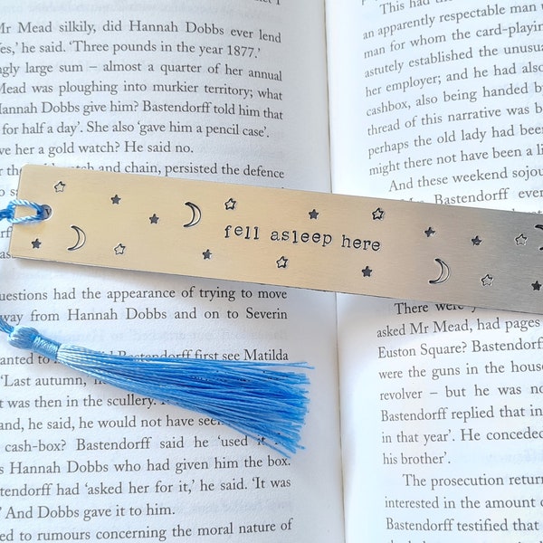 Fell Asleep Here Hand Stamped Metal Bookmark, Avid Reader Gift, Graduation Gift, Book Club, Book Lover Gift