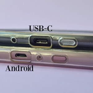 May include: Close-up of two phone cases, one above the other, with different charging ports. The top case has a USB-C port, and the bottom case has an Android port. The text "USB-C" and "Android" are visible.